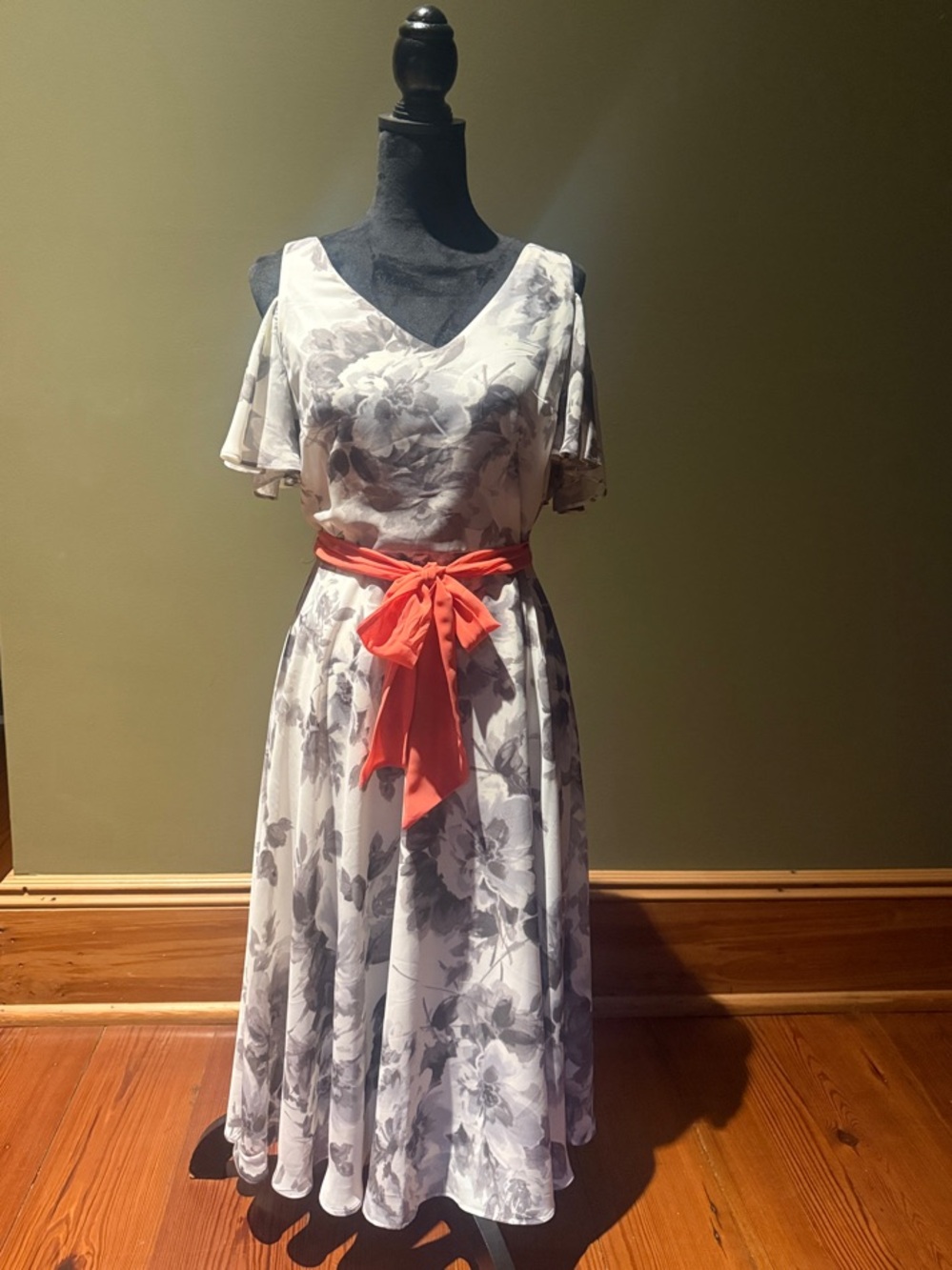 Gray Floral Midi Dress with Coral Sash